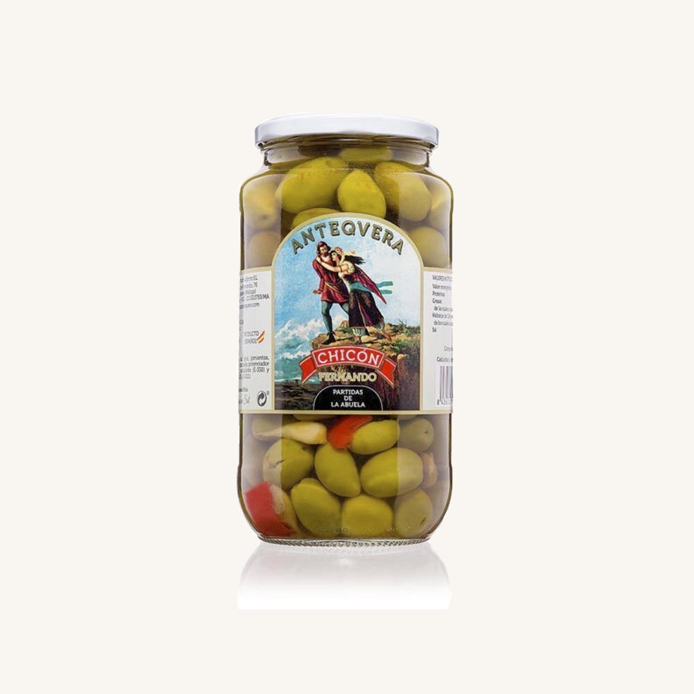 Chicón Partida de la Abuela kryddade delade gröna oliver, från Antequera - Malaga, burk 900 g