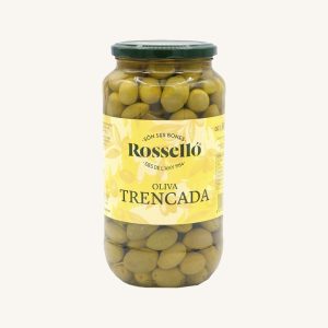 Rosselló split green olives farmer style (oliva trencada : partida estil Pagès), from Mallorca, large jar 980g